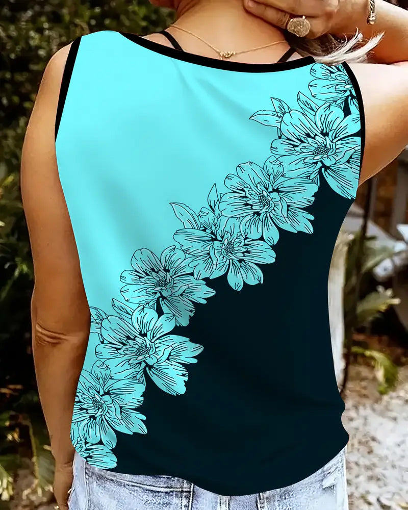 Bezrękawnik z dekoltem w serek, nadruk w blokach kolorów