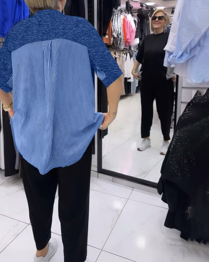 Luźna bluzka z patchworkiem i prążkami