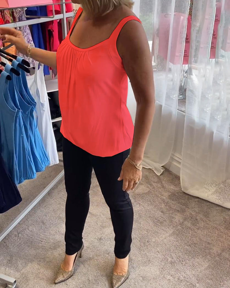 Luźny top bez rękawów z zakładkami i jednolitym kolorem