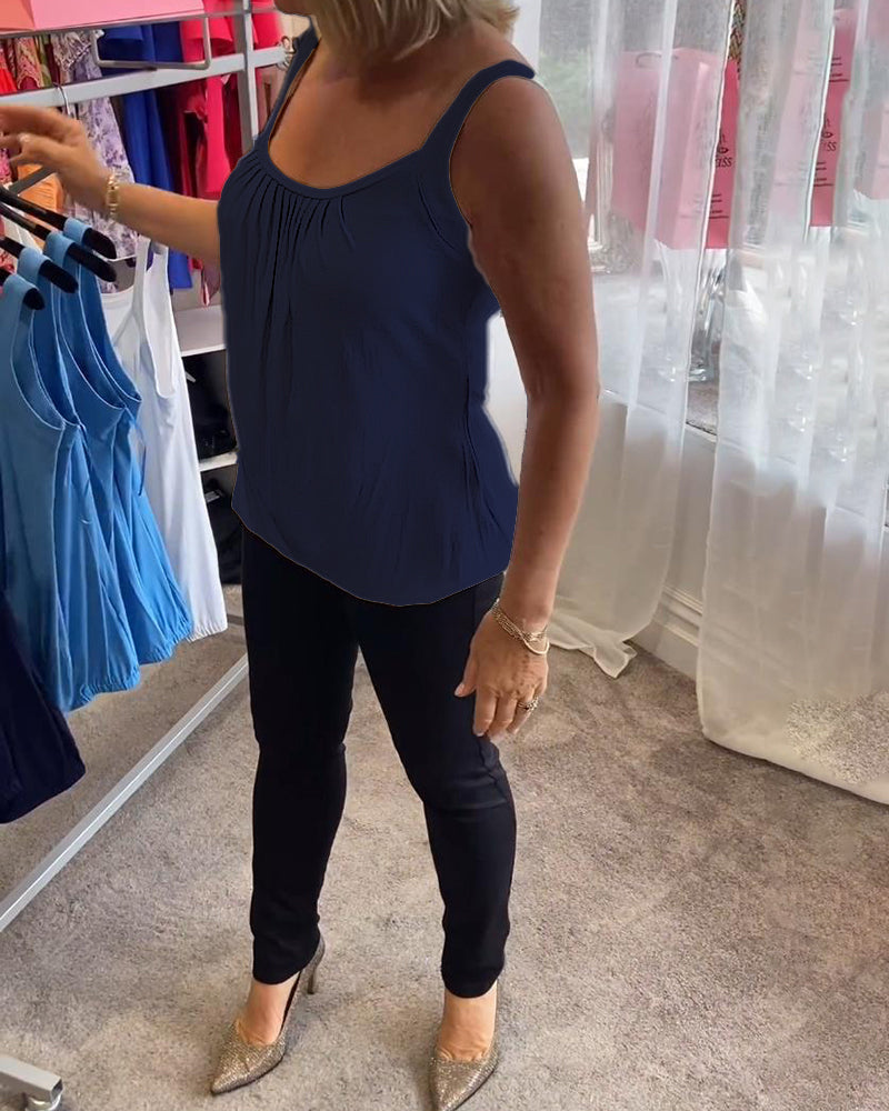 Luźny top bez rękawów z zakładkami i jednolitym kolorem