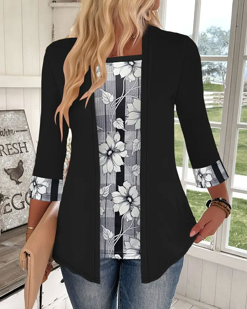 Bluzka z długim rękawem z nadrukiem, imitacja dwuczęściowego projektu