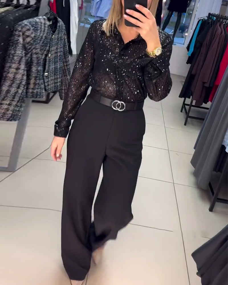 Koszula z klapami i cekinami zapinana na guziki