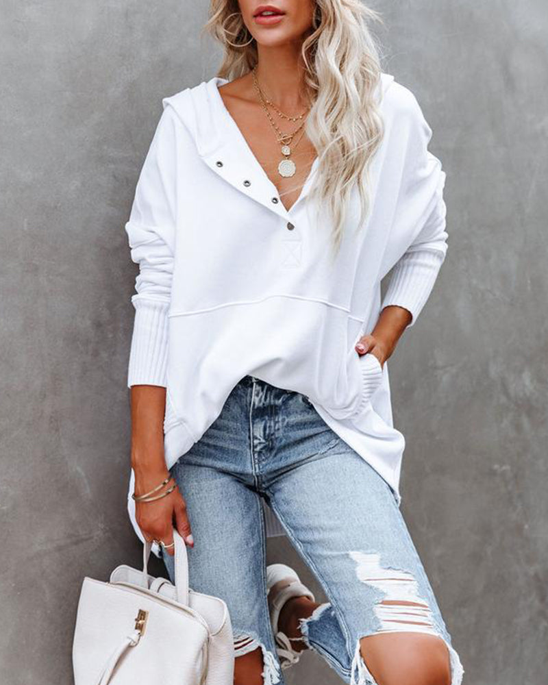 Bluza casualowa z dekoltem w serek, kapturem, jednolitym kolorem, luźna