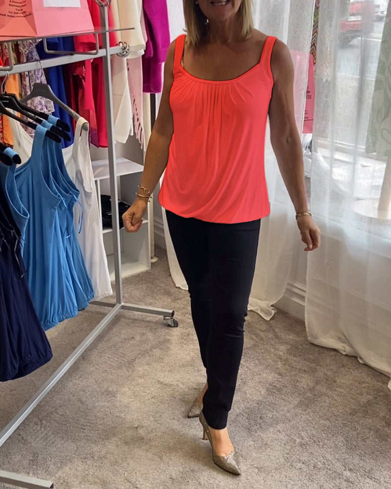 Luźny top bez rękawów z zakładkami i jednolitym kolorem