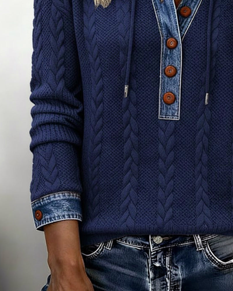 Bluza z kapturem z długim rękawem i blokami kolorów i guzikami