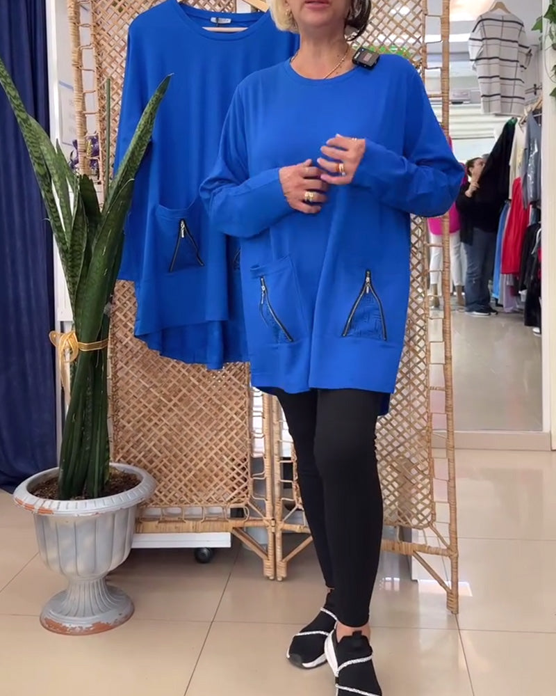 Bluza z okrągłym dekoltem, jednolitym kolorem, kieszenią na zamek