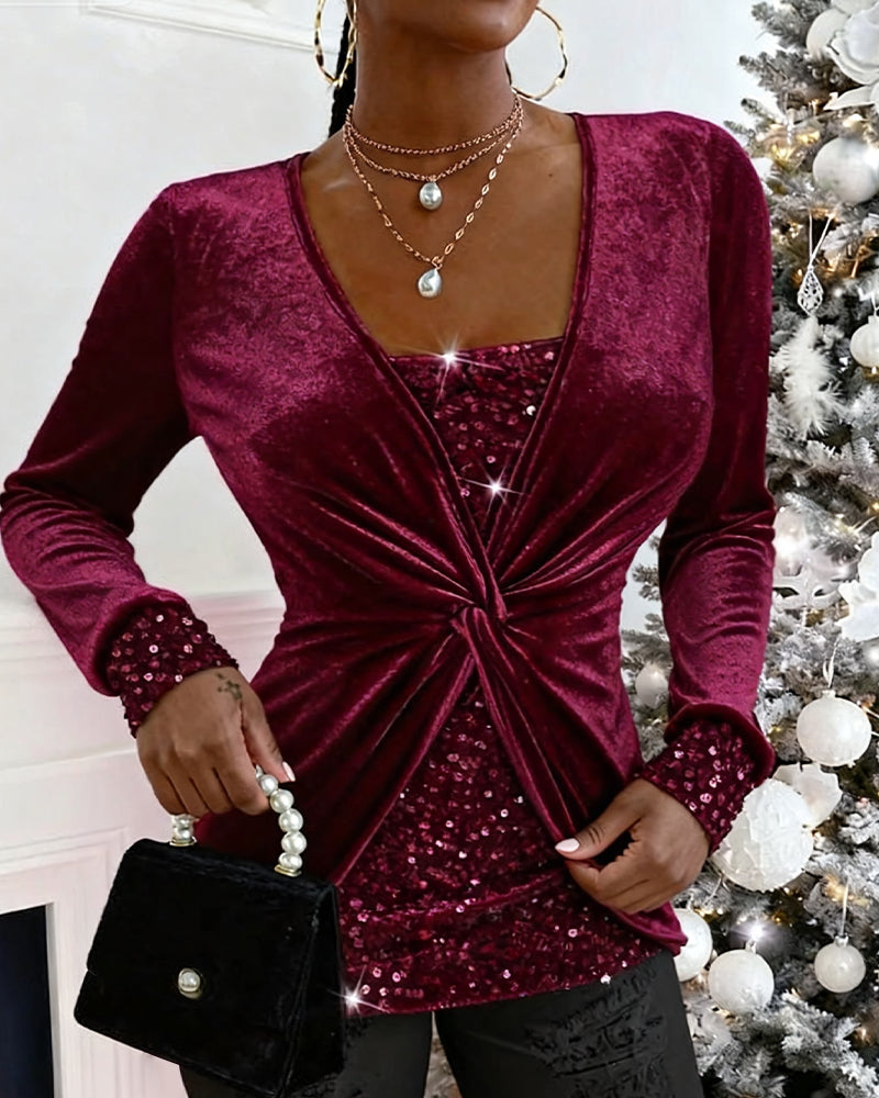 Top z skręconymi cekinami i patchworkiem