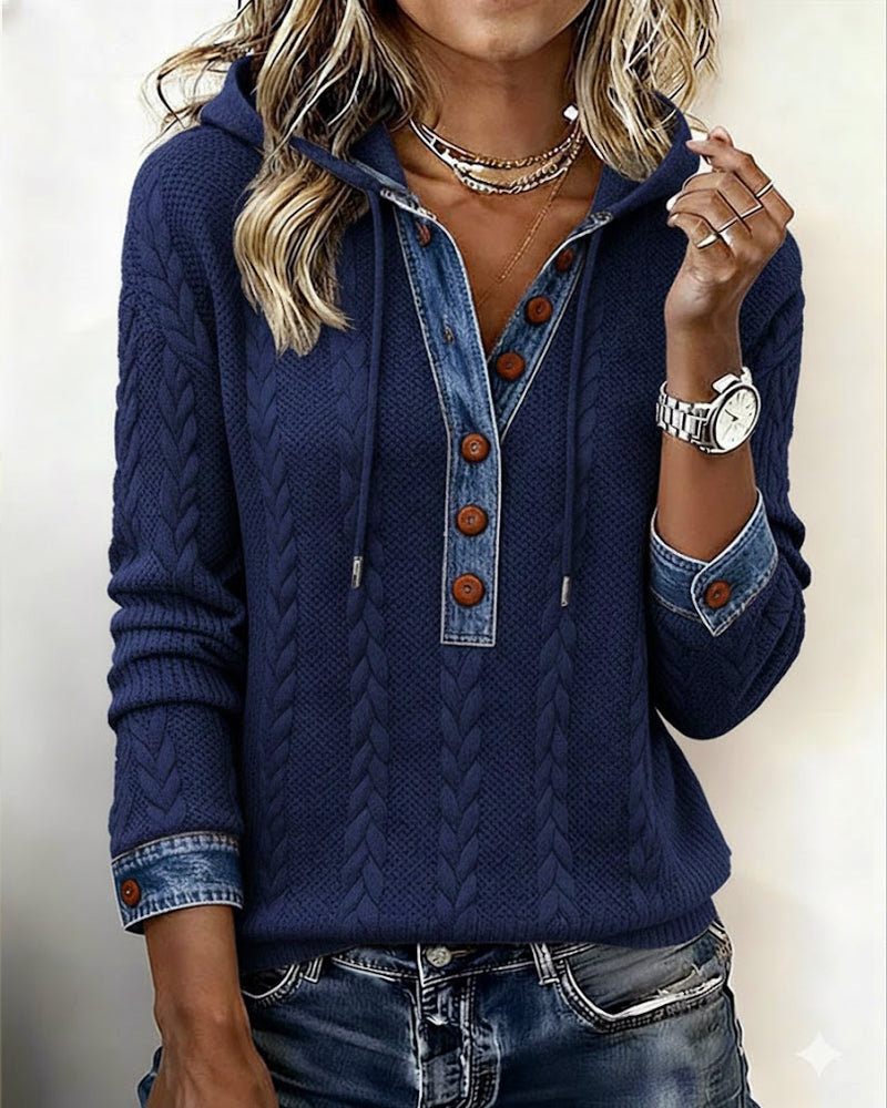 Bluza z kapturem z długim rękawem i blokami kolorów i guzikami