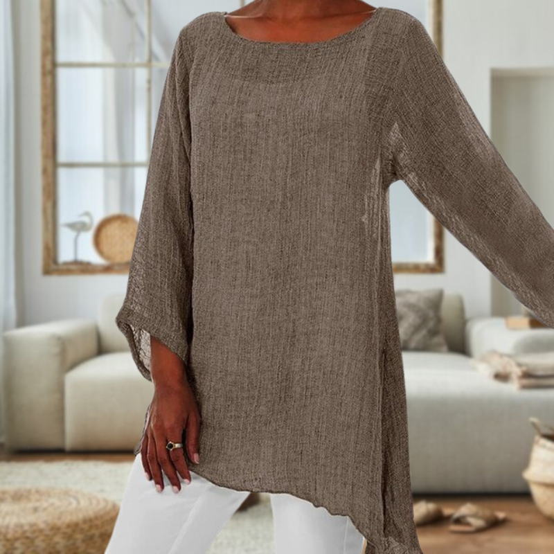 Bluzka lniana damska - stylowa bluzka z długim rękawem dla kobiet - lekki casualowy strój, na co dzień elegancka