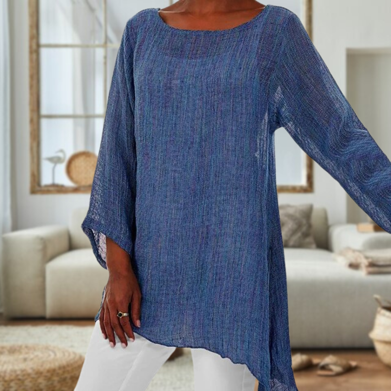 Bluzka lniana damska - stylowa bluzka z długim rękawem dla kobiet - lekki casualowy strój, na co dzień elegancka