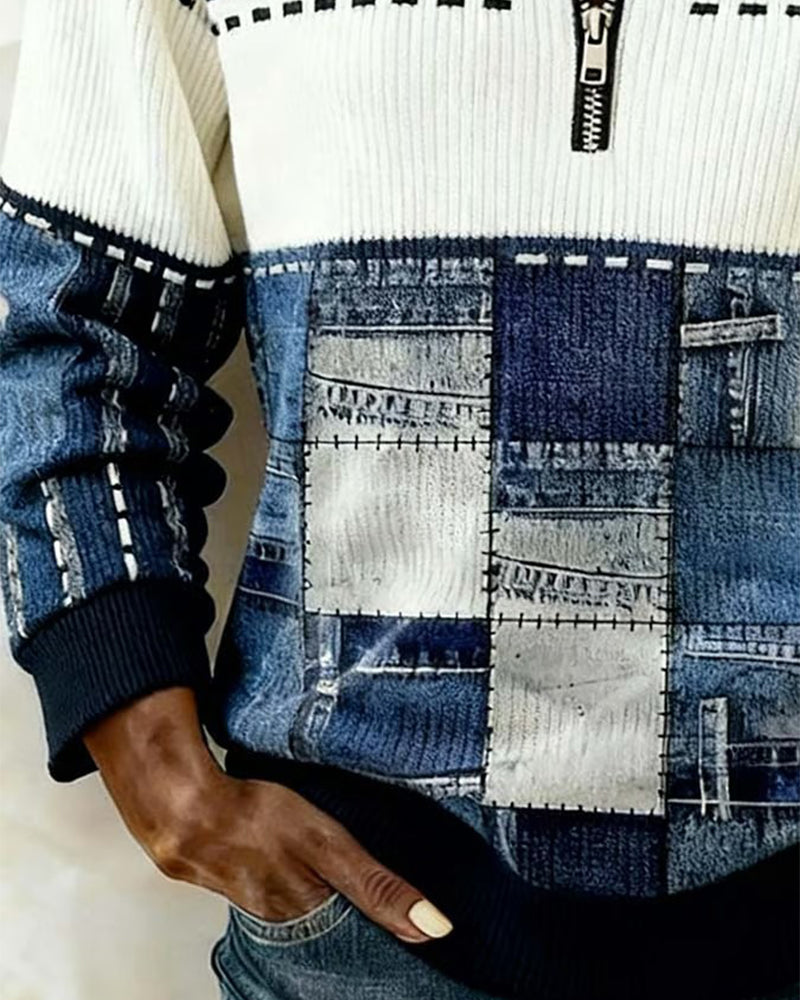 Bluza retro z kołnierzem zapinanym na suwak