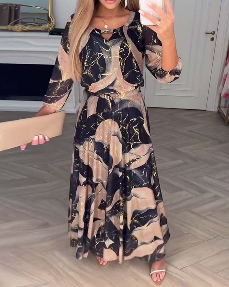 Sukienka Elegancka Rękaw Trzy Czwarte Drukowana Talia