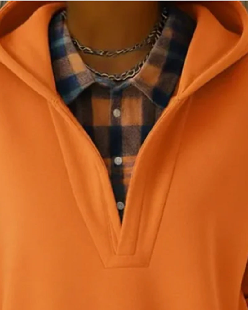 Bluza z kapturem dwuczęściowa w kratkę z imitacją patchworku