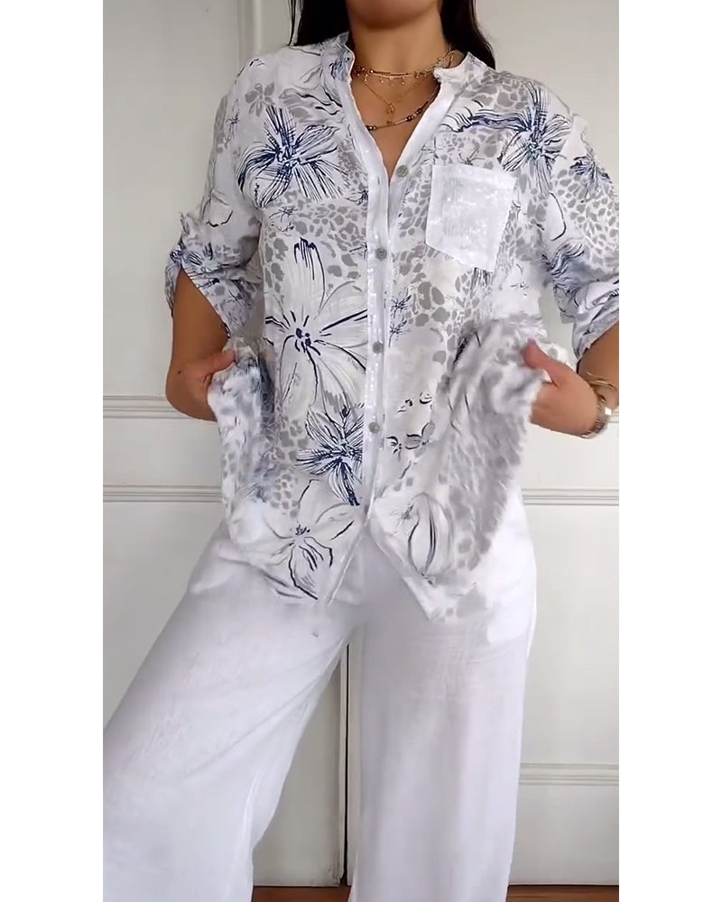 Koszula ze stojącym kołnierzykiem i nadrukowaną kieszenią