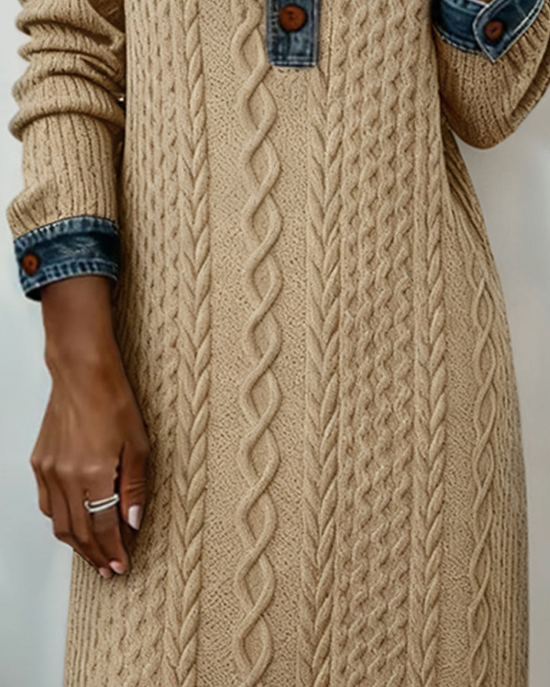 Sukienka z kołnierzykiem z denimu, ściegiem kablowym i patchworkiem