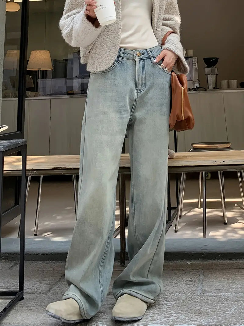 Jeansy z wysokim stanem i prostym krojem - damskie spodnie casualowe samtblauw