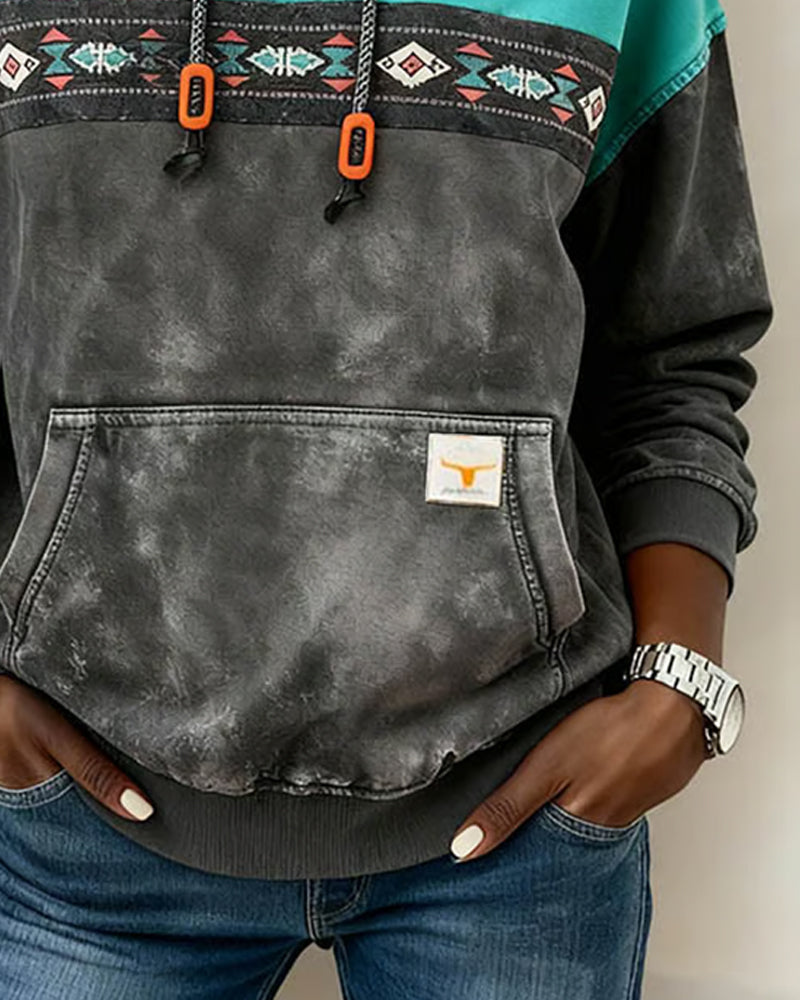 Bluza z kapturem w stylu retro z kieszenią i blokami kolorów