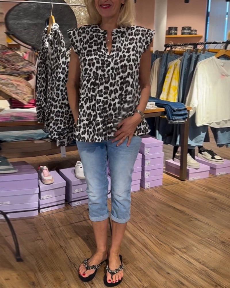 Luźny top z patchworkiem i nadrukiem w panterkę