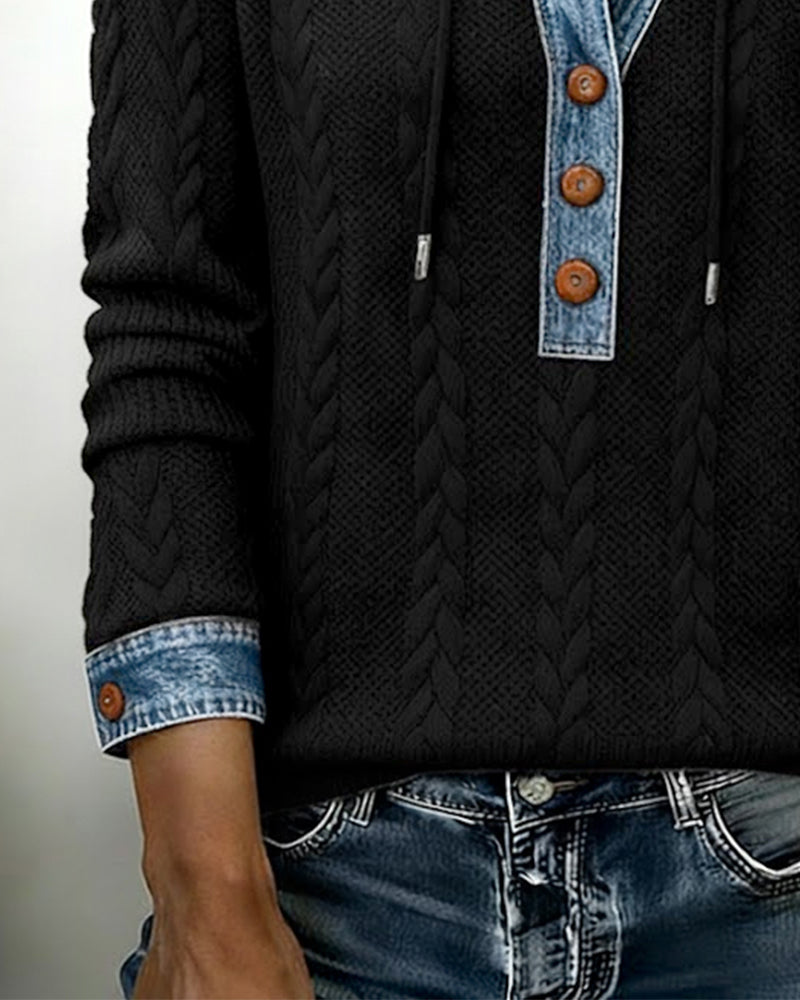 Bluza z kapturem z długim rękawem i blokami kolorów i guzikami