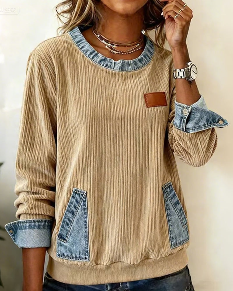 Bluza casualowa z długim rękawem i kieszenią dżinsową