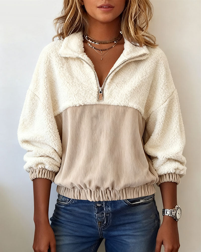 Bluza z zamkiem błyskawicznym do połowy, kołnierzem z klapami i kontrastowym kolorem