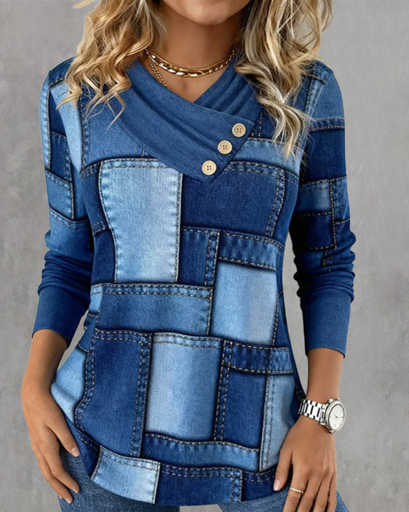 Bluzka z długim rękawem, dekoltem w serek i jednolitym kontrastem