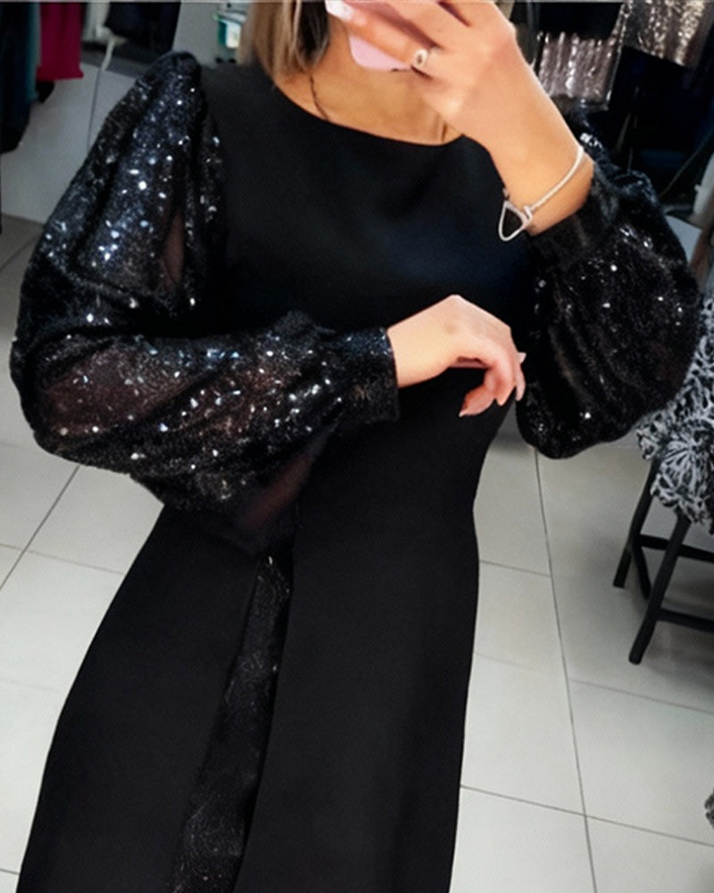 Elegancka sukienka z bufiastymi rękawami i patchworkowymi detalami