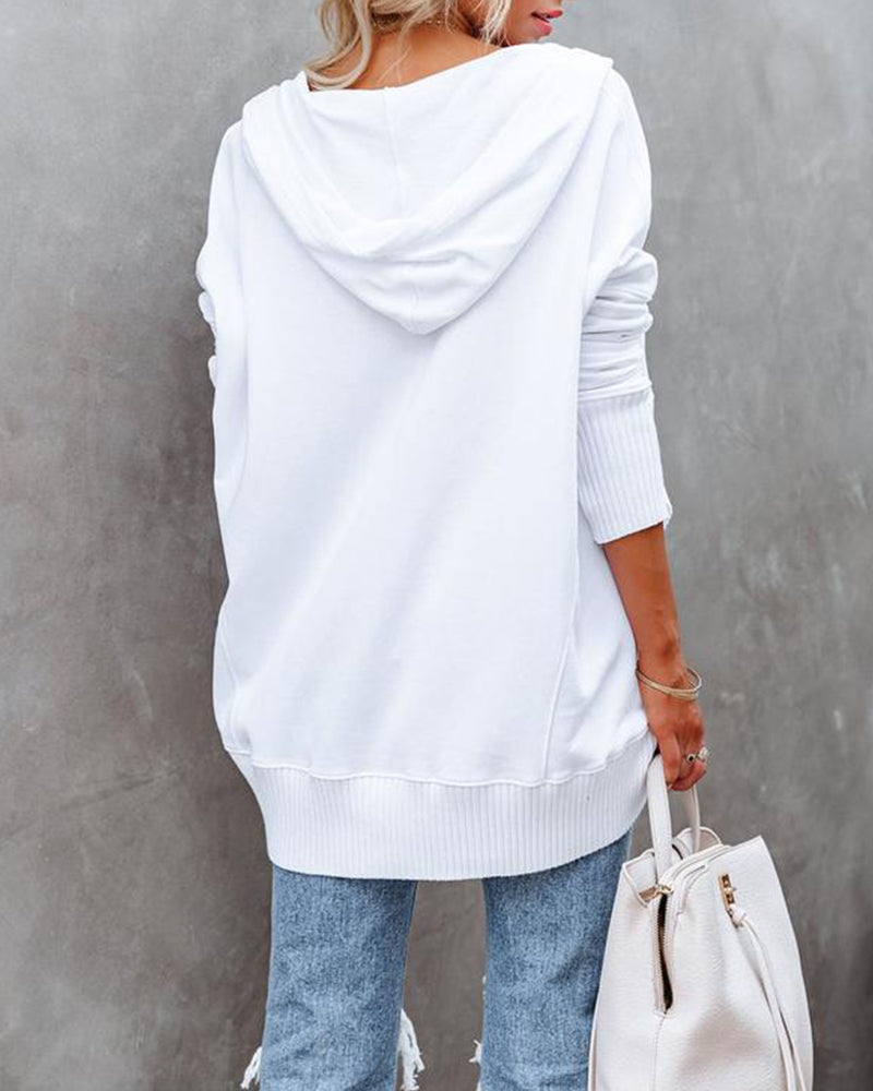 Bluza casualowa z dekoltem w serek, kapturem, jednolitym kolorem, luźna