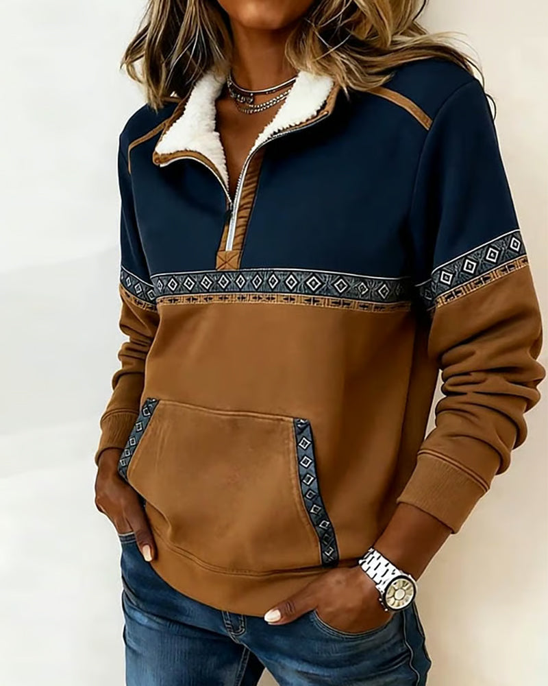 Bluza retro z blokami kolorów i futrzanym kołnierzem