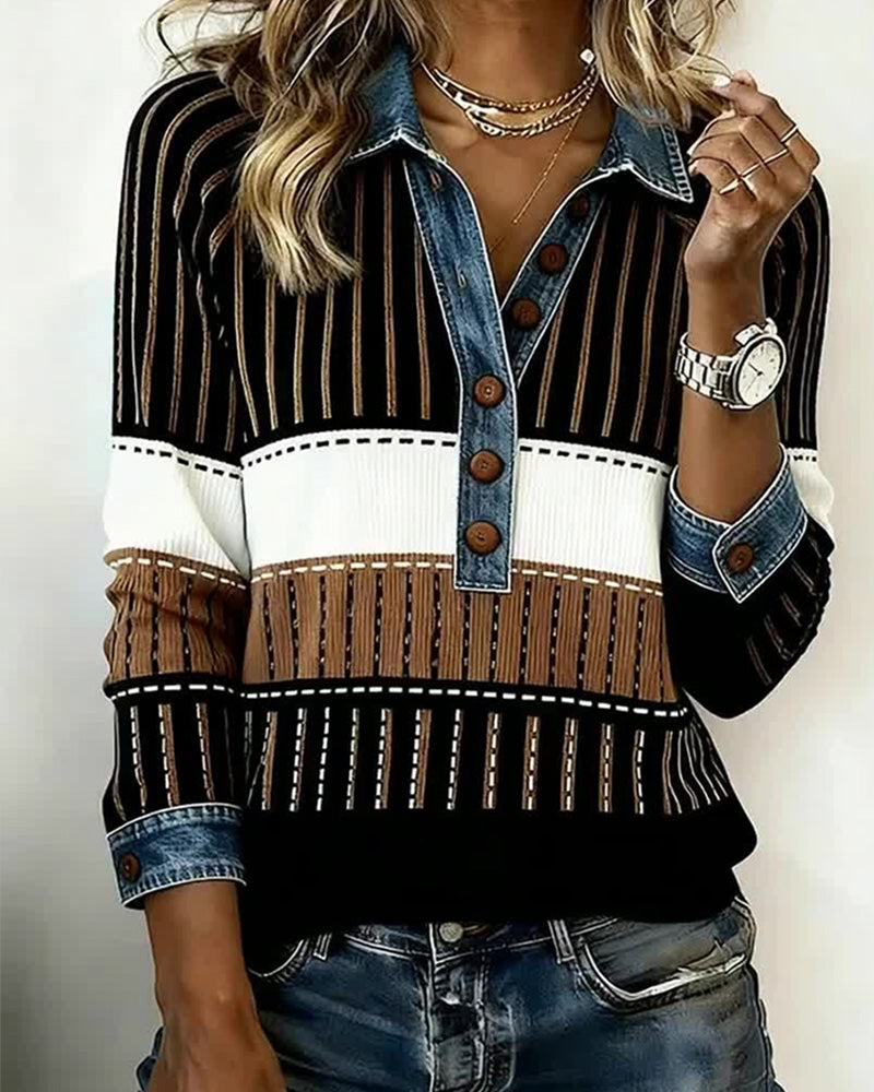 Uniwersalna bluza w blokach kolorów z kołnierzykiem koszulowym