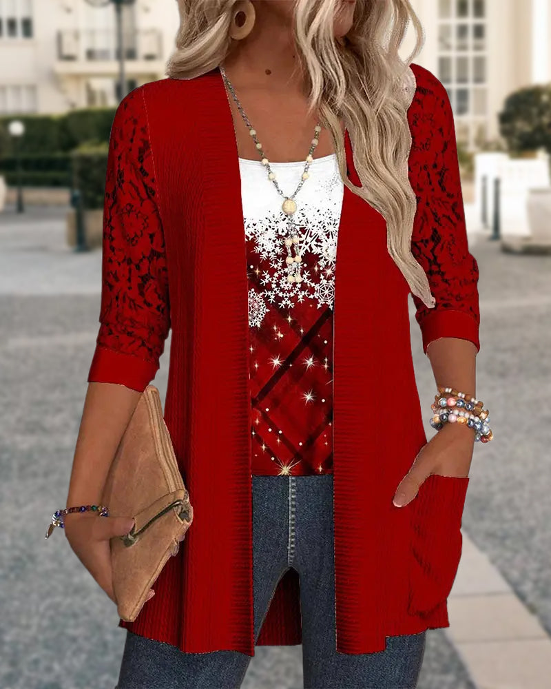 Dzianinowy top z nadrukiem w imitacji dwuczęściowej konstrukcji