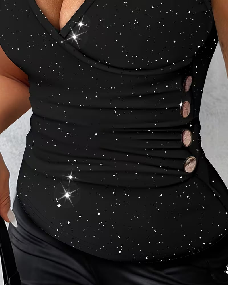 Seksowna koszulka z dekoltem w serek i metalowym guzikiem