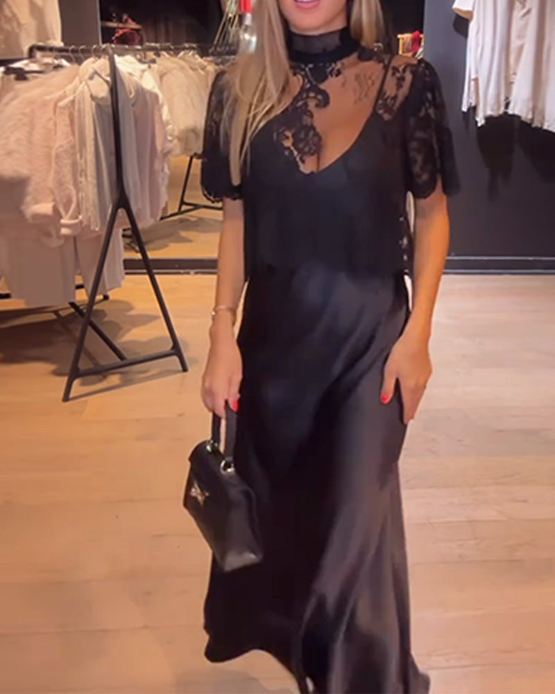 Komplet bluzki z koronki i siateczki z drapowaną sukienką typu slip