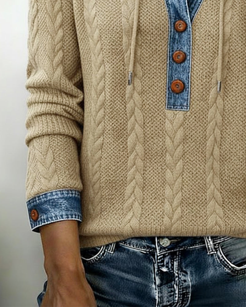 Bluza z kapturem z długim rękawem i blokami kolorów i guzikami