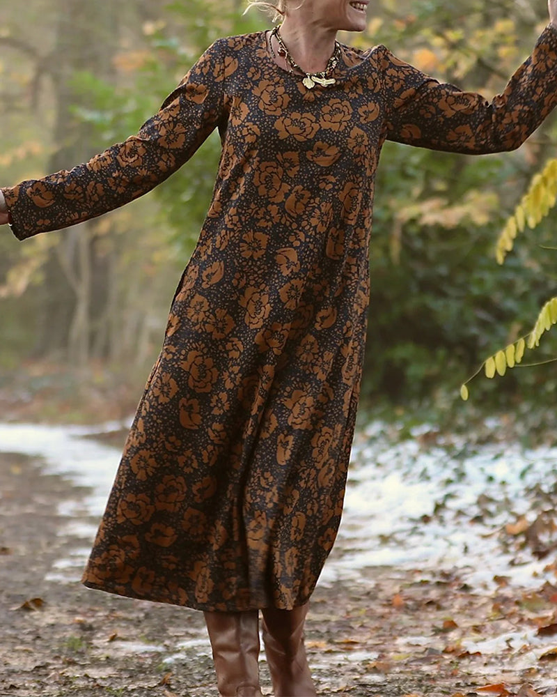 Sukienka z nadrukiem kwiatowym, okrągłym dekoltem, luźny krój