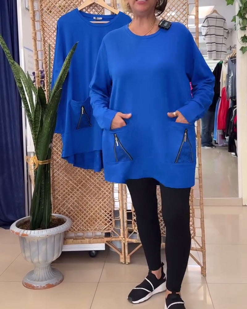 Bluza z okrągłym dekoltem, jednolitym kolorem, kieszenią na zamek