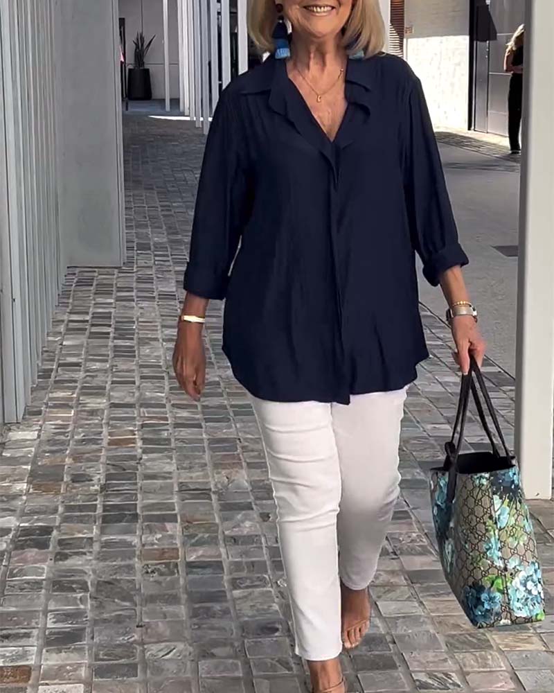 Bluzka z klapami w jednolitym kolorze, luźna