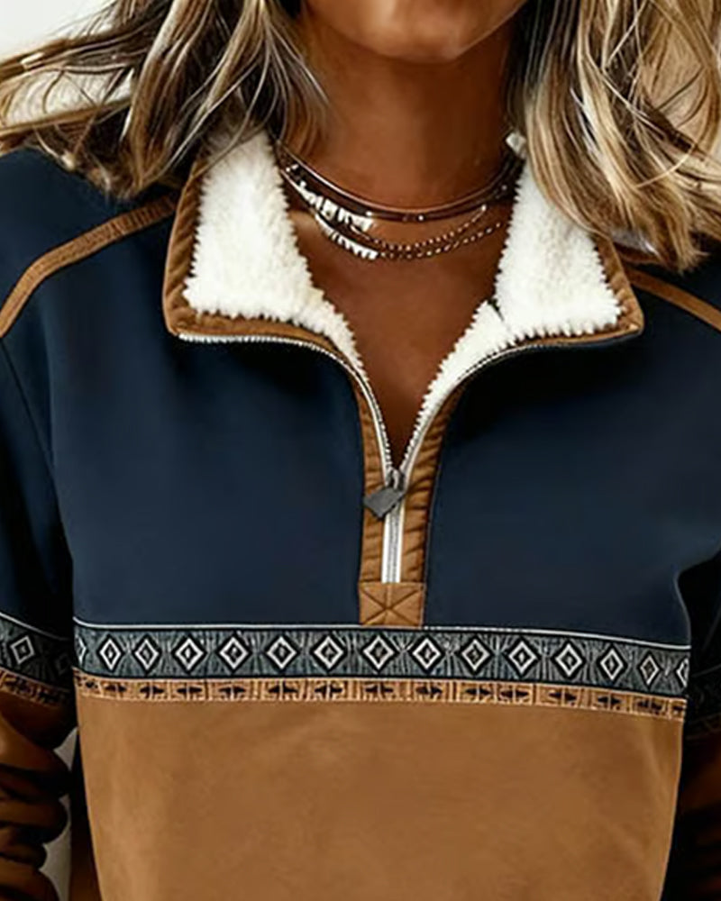 Bluza retro z blokami kolorów i futrzanym kołnierzem