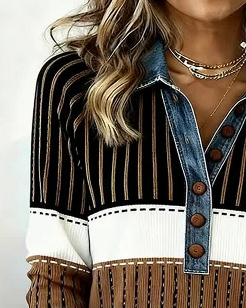 Uniwersalna bluza w blokach kolorów z kołnierzykiem koszulowym