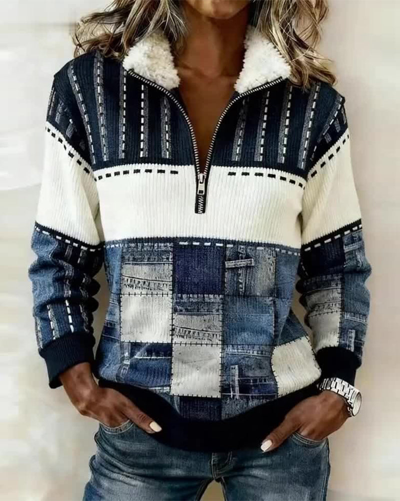 Bluza retro z kołnierzem zapinanym na suwak