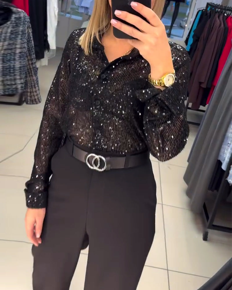 Koszula z klapami i cekinami zapinana na guziki