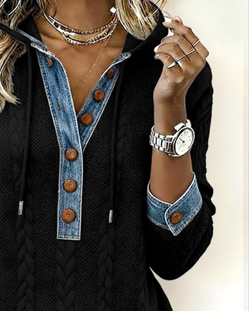 Bluza z kapturem z długim rękawem i blokami kolorów i guzikami