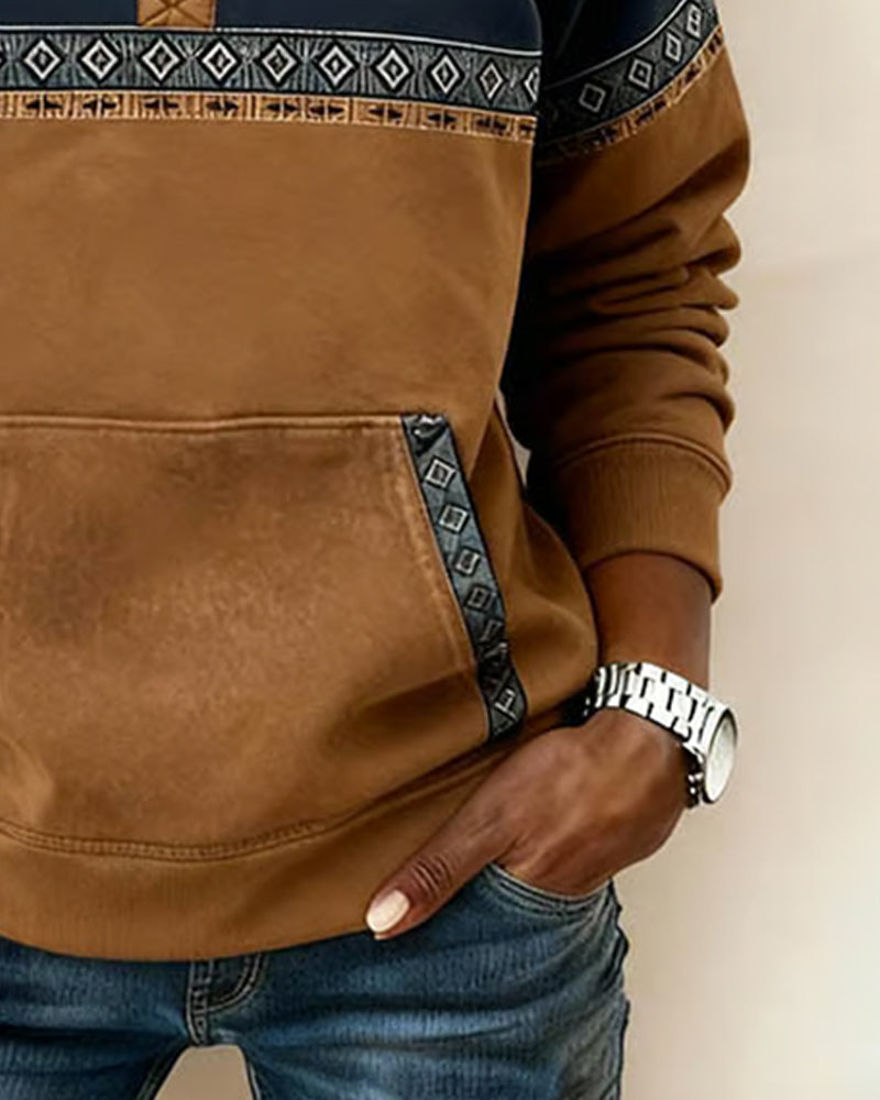 Bluza retro z blokami kolorów i futrzanym kołnierzem