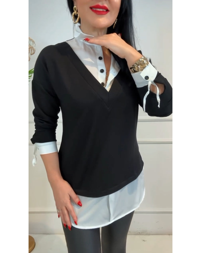 Top z czarno-białym patchworkowym kołnierzem