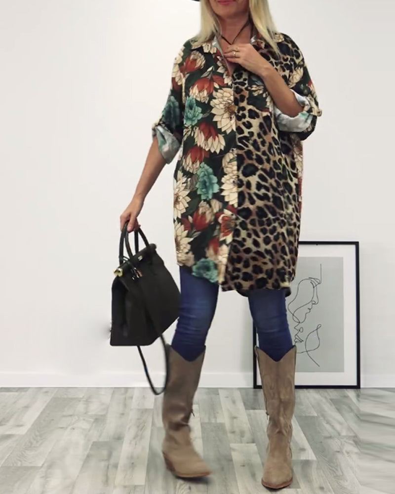 Koszula z klapami, patchworkiem i nadrukiem w panterkę