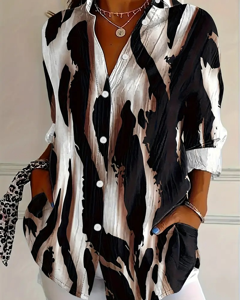 Bluzka ze stojącym kołnierzykiem, nieregularnym nadrukiem