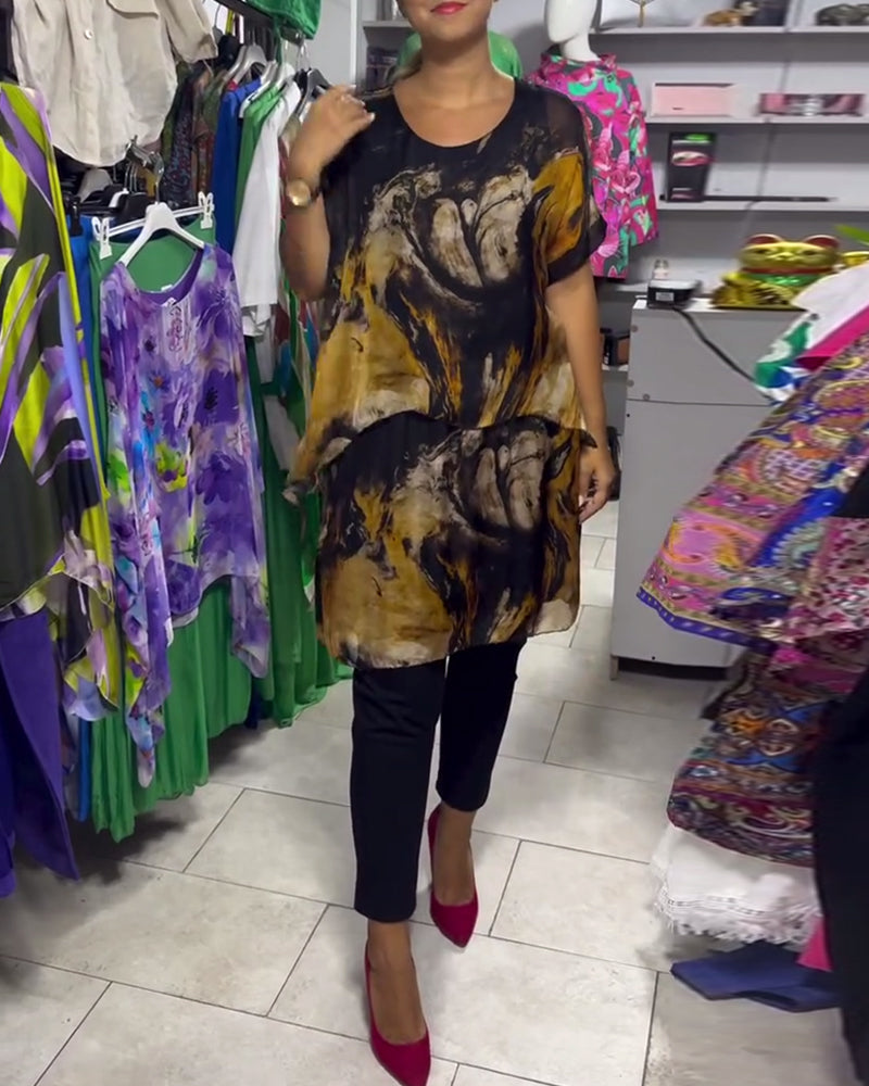 Top z okrągłym dekoltem, luźny, swobodny, z nadrukiem