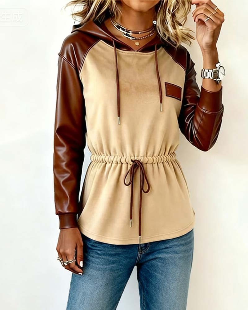 Bluza z długim rękawem i kapturem z patchworku PU