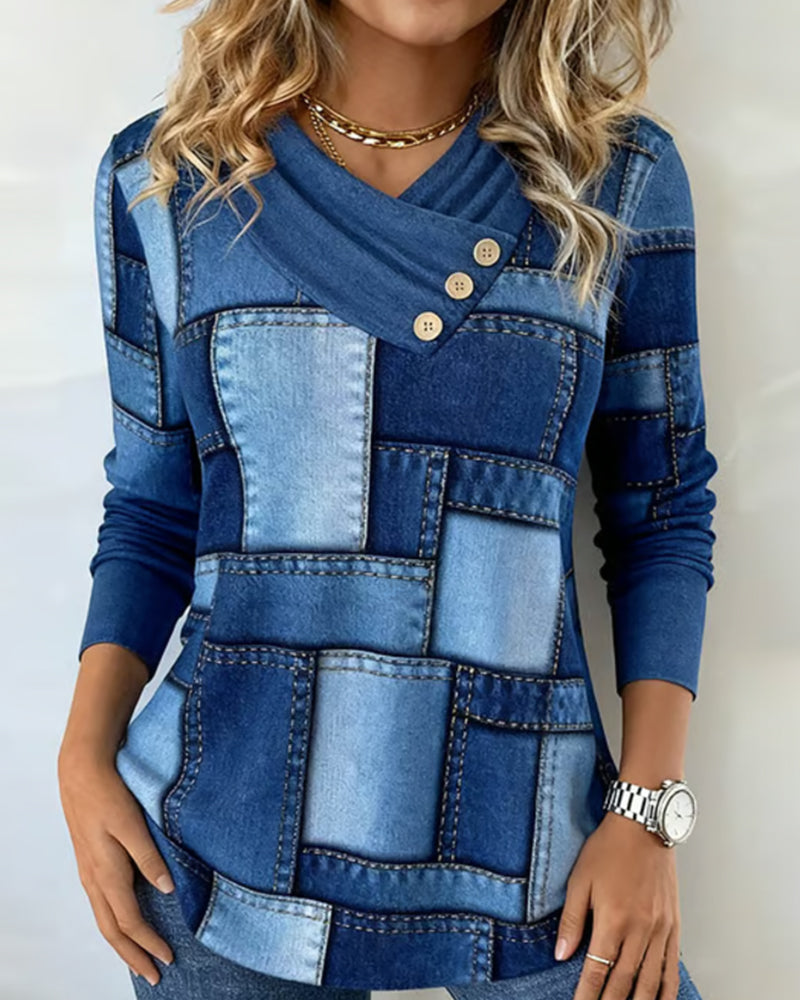 Bluzka z długim rękawem, dekoltem w serek i jednolitym kontrastem