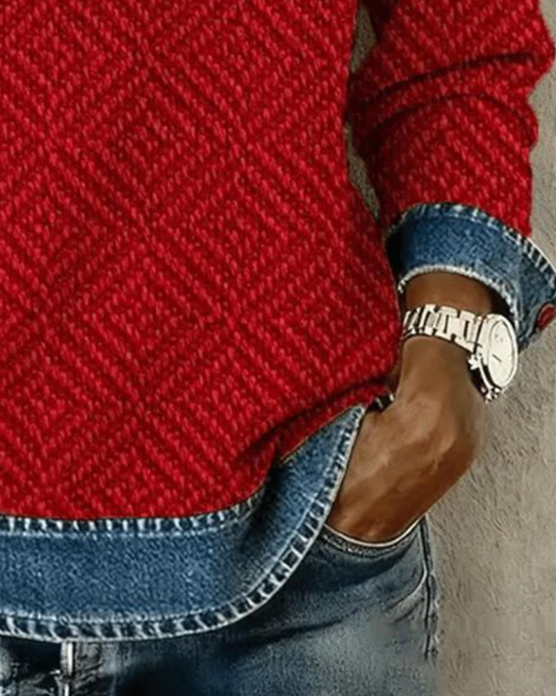 Sweter z kołnierzykiem, denim, patchwork